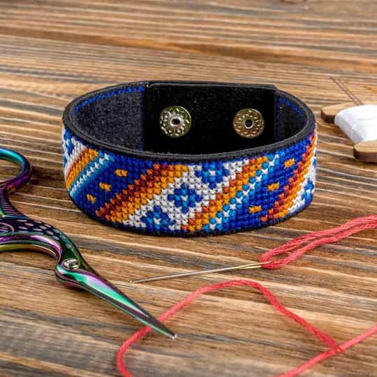 Wonderland Crafts Diagonal Blue Artificial Leather Cross Stitch Bracelet Kit